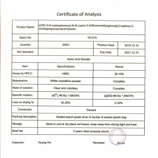 Pumping Iron Ostarine Certificate of Analysis